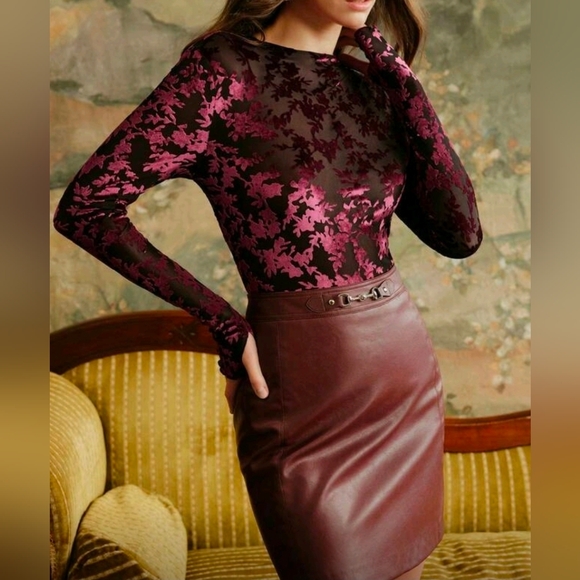 New Sheer Floral Velvet Burn Out Fitted Top Blouse Burgundy Red Black - Picture 3 of 10